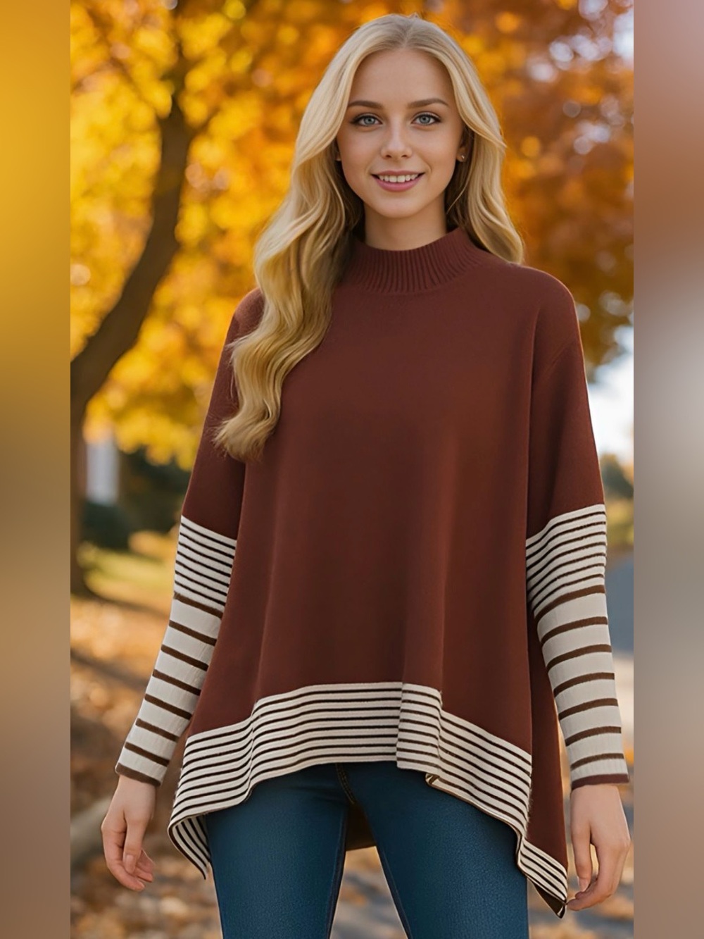 Chicwish Lie in Caramel Fields Soft Brown Striped Oversized Knit Cape Sweater L